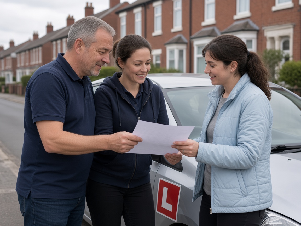 Road Master instructor reviewing lesson progress with a learner beside an L-plate car